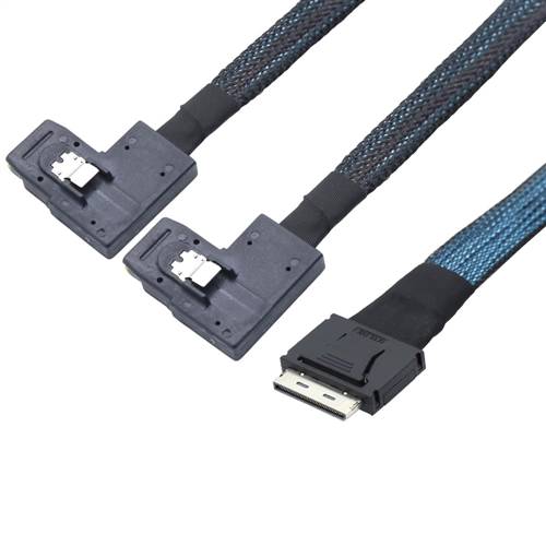 CAB-8611i8-2x8087RE | OCuLink SFF-8611 8i to 2x Right Exit Internal Mini SAS SFF-8087 36P Y Cable