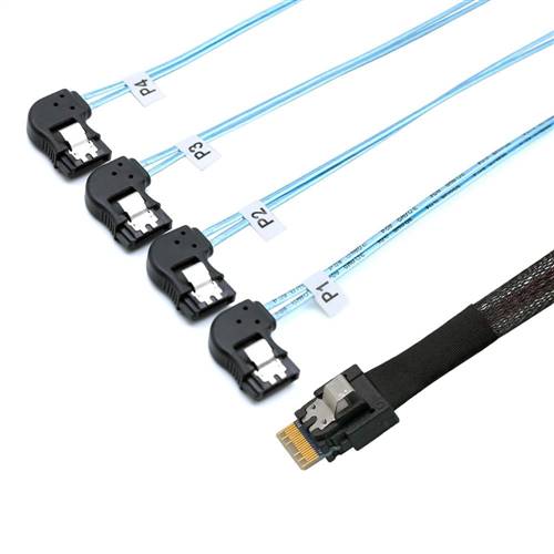 CAB-8654-4xSATALE | SlimSAS SFF-8654 4i to 4x Left Exit 7Pin SATA Breakout Cable