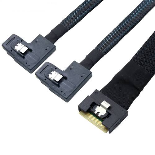 CAB-8654i8-2x8087RE | SlimSAS SFF-8654 8i (Anti-slant Insertion) to 2x Right Exit Mini SAS SFF-8087 36P Cable