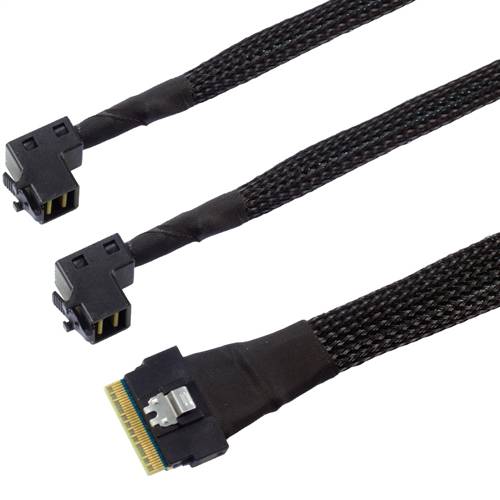 CAB-8654i8-2x8643i4RA | SlimSAS SFF-8654 8i to 2x Right Angle HD Mini SAS SFF-8643 4i Cable