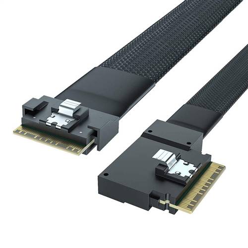 CAB-8654i8-8654i8LE | SlimSAS SFF-8654 8i to SlimSAS SFF-8654 8i SAS 4.0 Cable, Straight to Left Exit