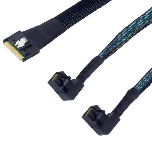 CAB-FE8654i8-2xRB8643x4 Fully Enclosed SlimSAS SFF-8654 8i to 2 Right Bend Internal HD Mini SAS SFF-8643 4x 36P Cable