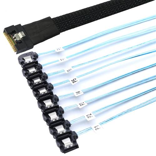 CAB-FE8654i8-8xLBSATA Fully Enclosed SlimSAS SFF-8654 8i to 8 Left Bend SATA 7P Cable