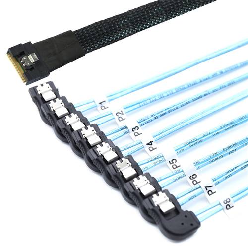 CAB-FE8654i8-8xRBSATA Fully Enclosed SlimSAS SFF-8654 8i to 8 Right Bend SATA 7P Cable