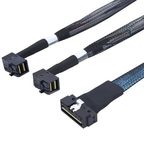 CAB-LP8654i8-2x8643RA | Low Profile SlimSAS SFF-8654 8i to 2x Right Angled SFF-8643 4i Cable