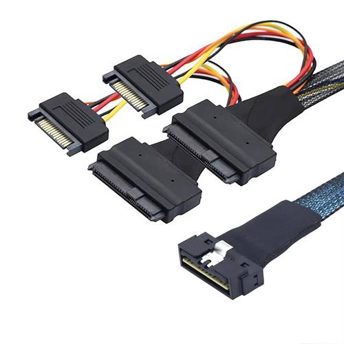 CAB-LP8654x8-2x8639P15 Low Profile SlimSAS SFF-8654 8x 74P to 2 U.2 SFF-8639 with 15P Power Cable