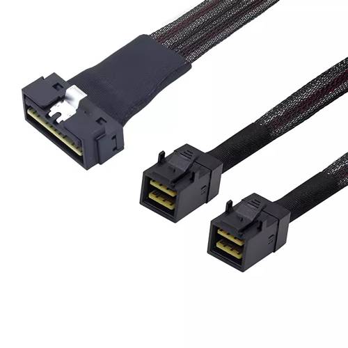 CAB-LP8654x8-2x8643x4 Low Profile SlimSAS SFF-8654 8x 74P to 2 Internal HD Mini SAS SFF-8643 4x 36P Cable, Straight to Straight