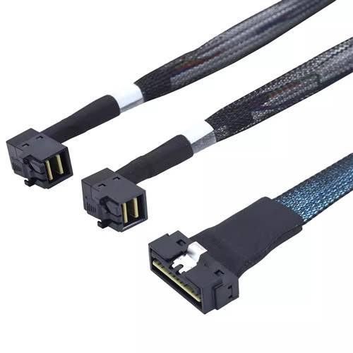 CAB-LP8654x8-2xRA8643x4 Low Profile SlimSAS SFF-8654 8x 74P to 2 Right Angle Internal HD Mini SAS SFF-8643 4x 36P Cable