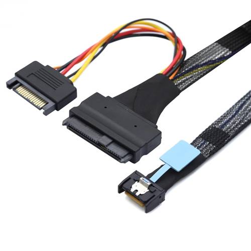 CAB-MCIOi4-8639P15 | MCIO x4 (SFF-TA-1016) 38P to U.2 SFF-8639 68Pin Cable with 15P SATA Power