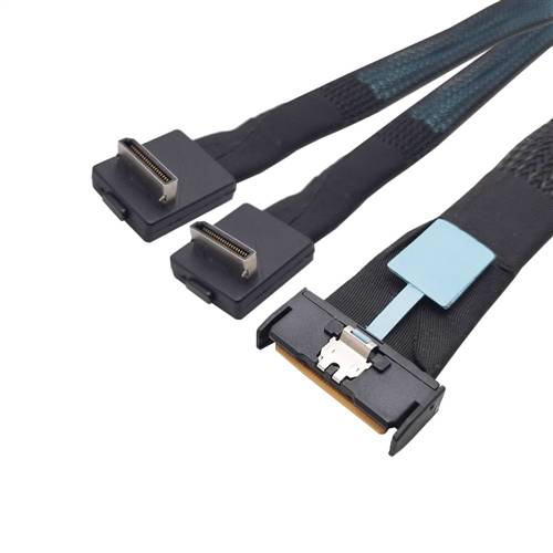 CAB-MCIOi8-2x8611RA | MCIO x8 (SFF-TA-1016) 74P to 2x Right Angle OCuLink SFF-8611 4i Y-Cable