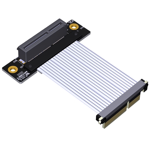 P4-X4MDR-X4FUR-LI PCIe 4.0 x4 Male Down R/A to x4 Female Up R/A Extension Cable, 85-ohm Low Impedance