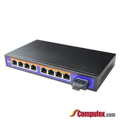 Single Fiber 10/100M PoE Media Converter, 1-port Fiber & 8-port RJ45, Tx:1490nm/Rx:1550nm, Singlemode, 80km