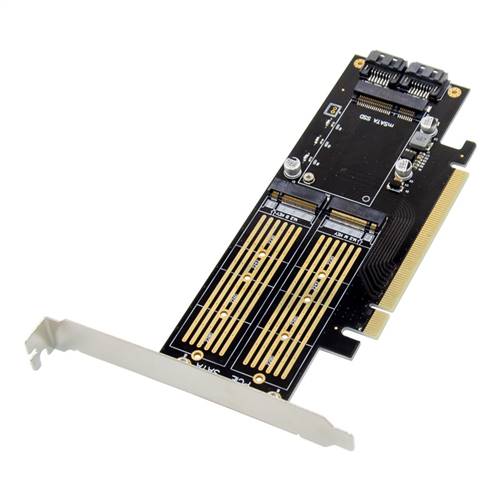 PCIe 3.0 x16 3-in-1 SSD Adapter, 1-port M.2 B-key & 1-port M.2 M-key & 1-port mSATA